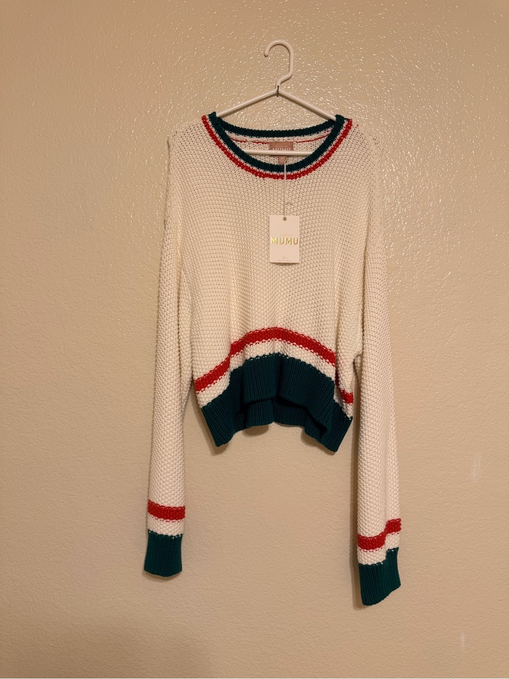 Cream Knit Sweater with Green and Red Trim